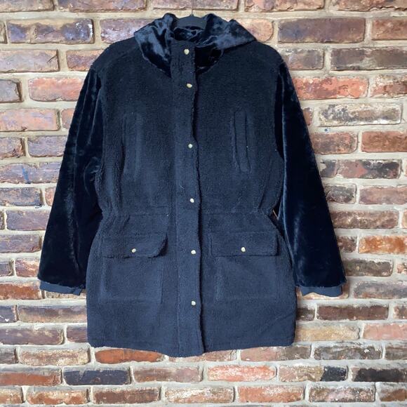 NWOT Eden Society Black Knit Faux Fur Cargo Snap Button Jacket Womens Size Large - Picture 1 of 6